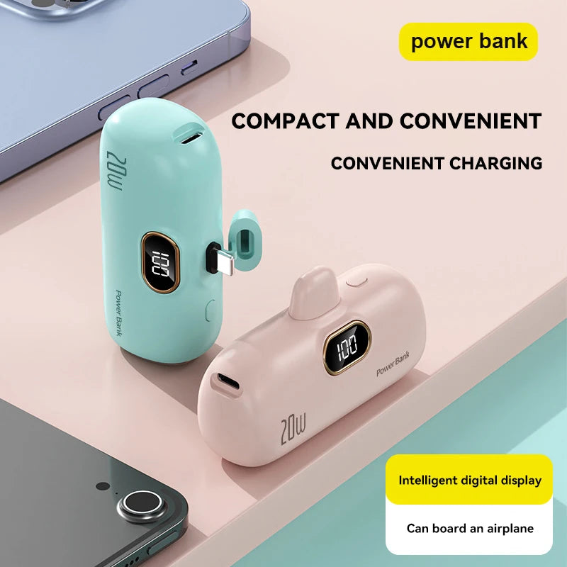 Mini 30000Mah Power Bank Built Cable Portable Mobile Phone Charger External Battery Capsule Powerbank for Type-C Iphone