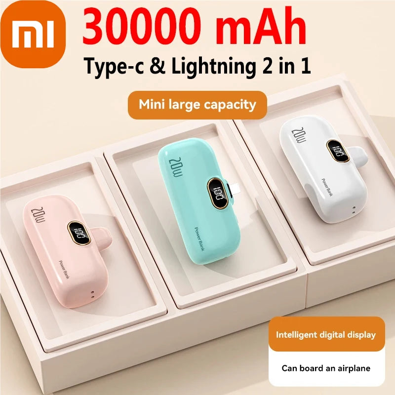 Mini 30000Mah Power Bank Built Cable Portable Mobile Phone Charger External Battery Capsule Powerbank for Type-C Iphone